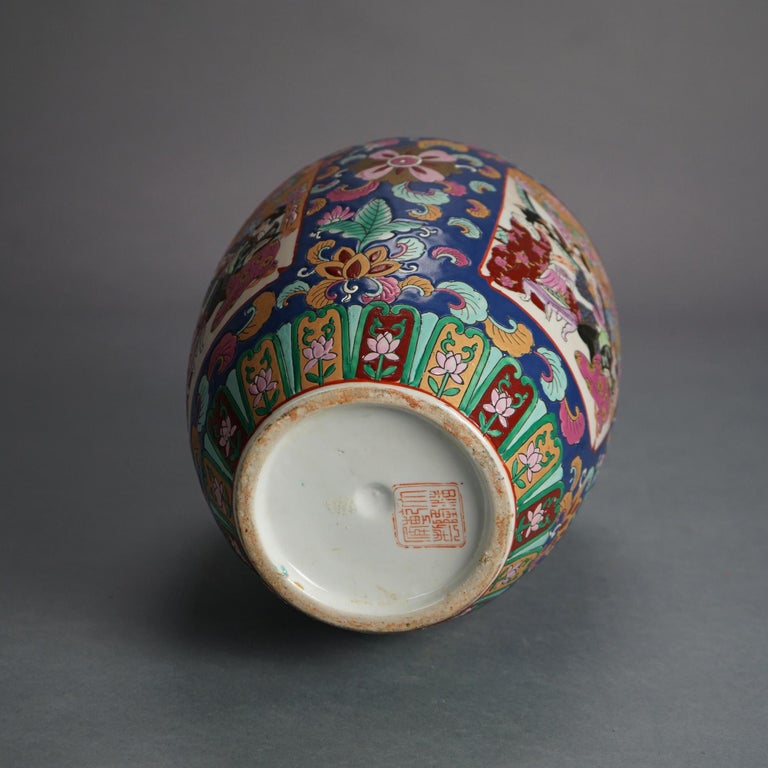 Chinese Enameled Porcelain Lidded Jar with Genre Scene & Garden Flowers 20thC