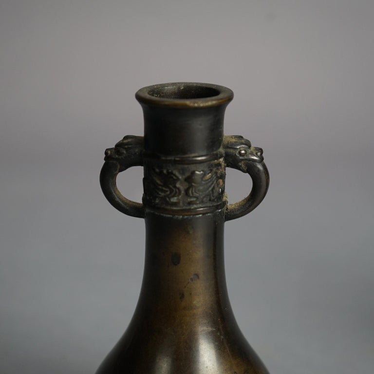 Pair of Antique Japanese Meiji Double Handled Cast Bronze Vases C1920