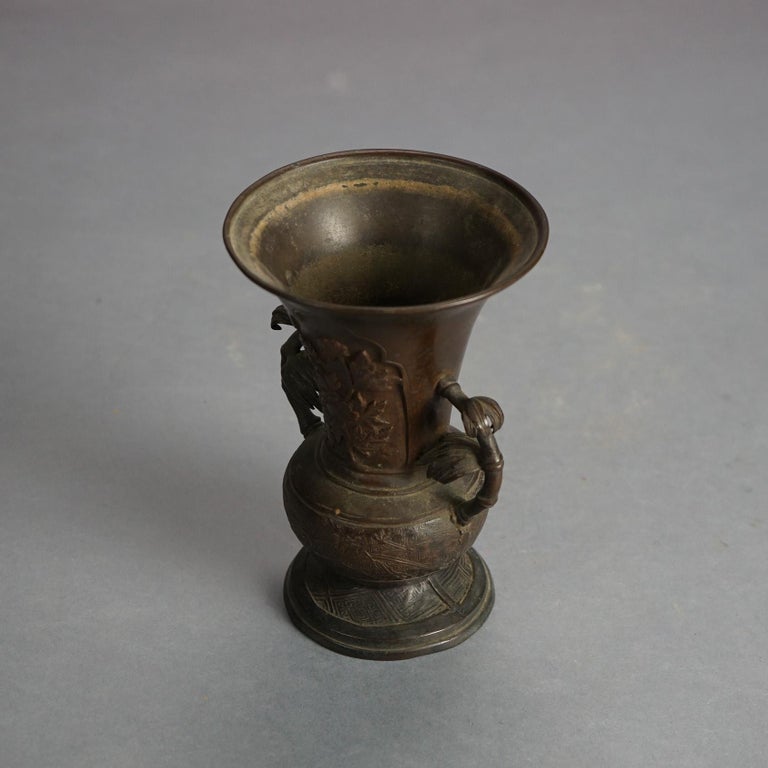 Antique Chinese Cast Bronze Floral Decorated Vase with Branch Form Handles 18thC