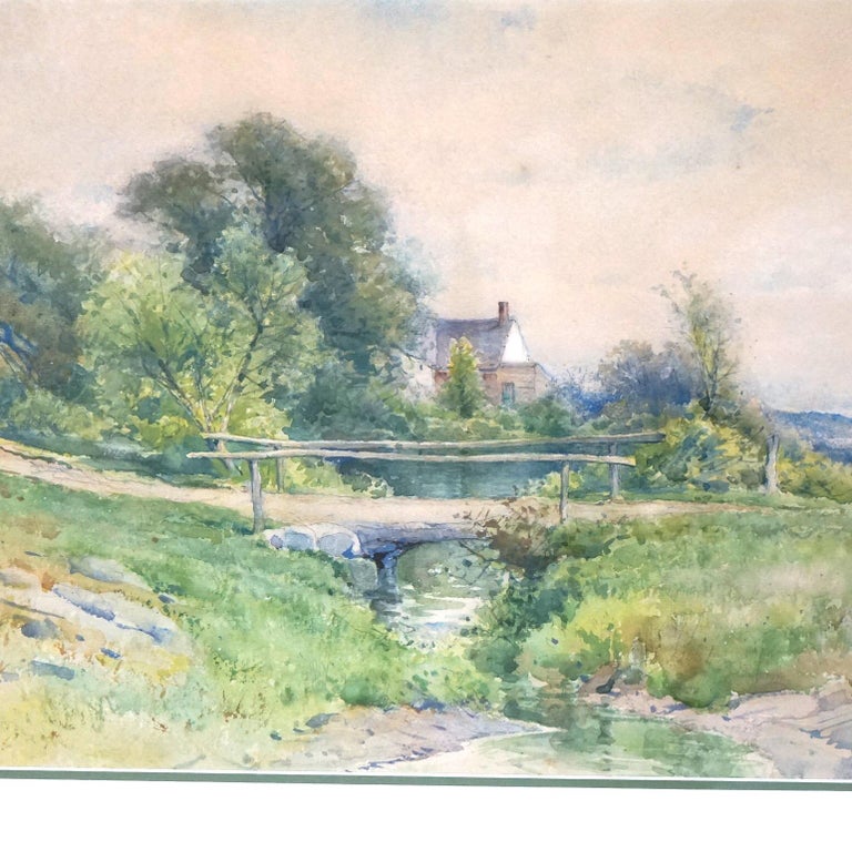 Watercolor Landscape Painting with Country Bridge by G H Smillie, Framed, 20thC
