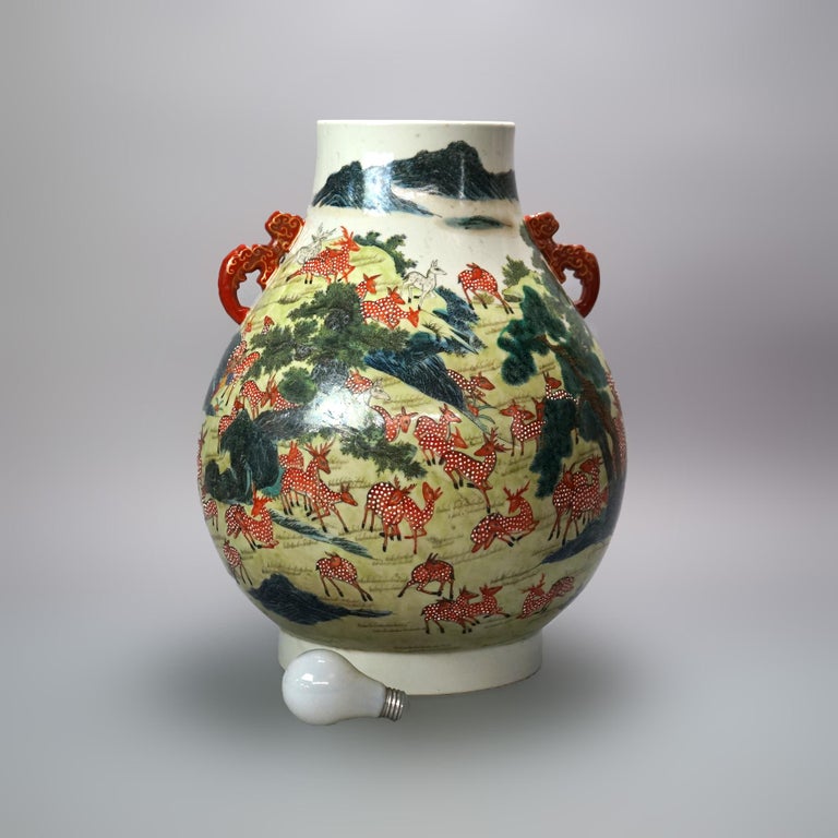 Large Chinese Famille Rose Hu Figural Landscape Porcelain Vase, Qianlong Mark
