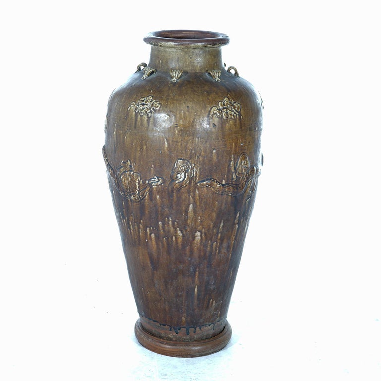 Antique 35" Chinese Floral & Figural Dragon Embossed Pottery Floor Vase 19thC