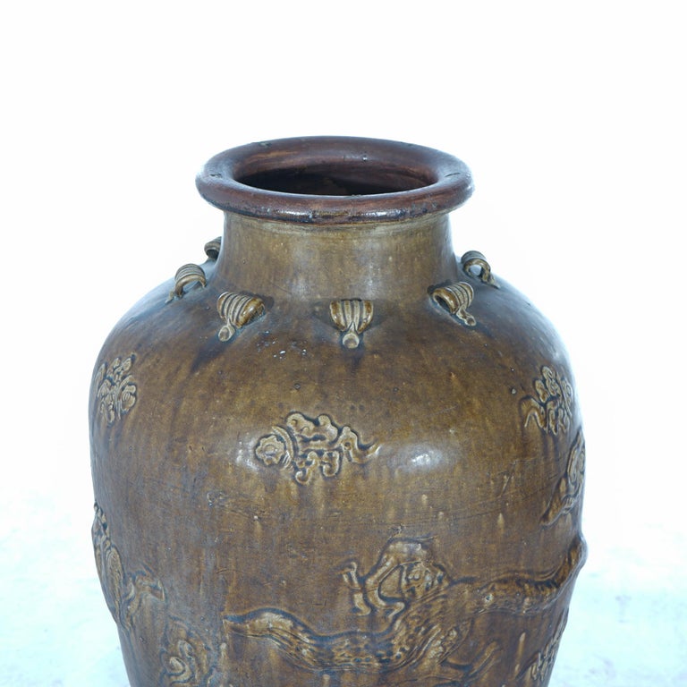 Antique 35" Chinese Floral & Figural Dragon Embossed Pottery Floor Vase 19thC
