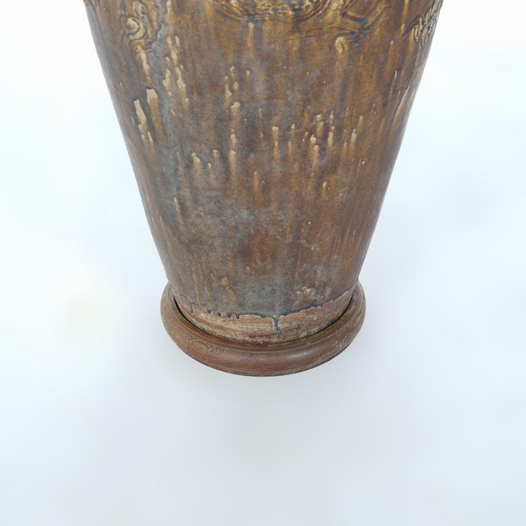 Antique 35" Chinese Floral & Figural Dragon Embossed Pottery Floor Vase 19thC