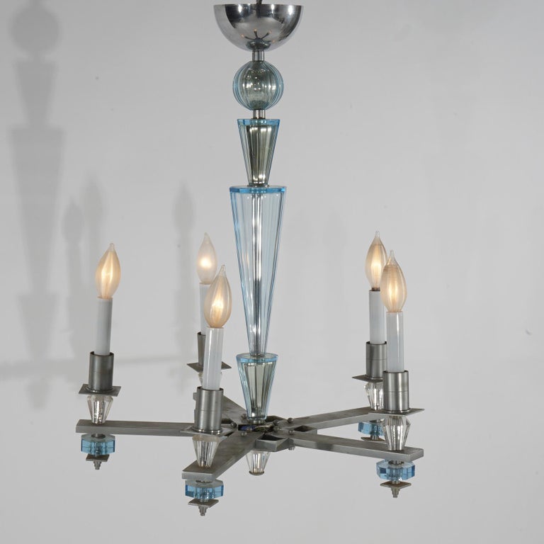 Art Deco Mid Century Modern Chrome & Aqua Blue Glass Five-Light Chandelier C1950