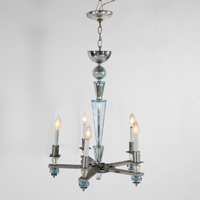 Art Deco Mid Century Modern Chrome & Aqua Blue Glass Five-Light Chandelier C1950