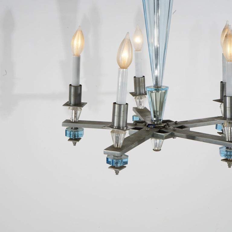 Art Deco Mid Century Modern Chrome & Aqua Blue Glass Five-Light Chandelier C1950