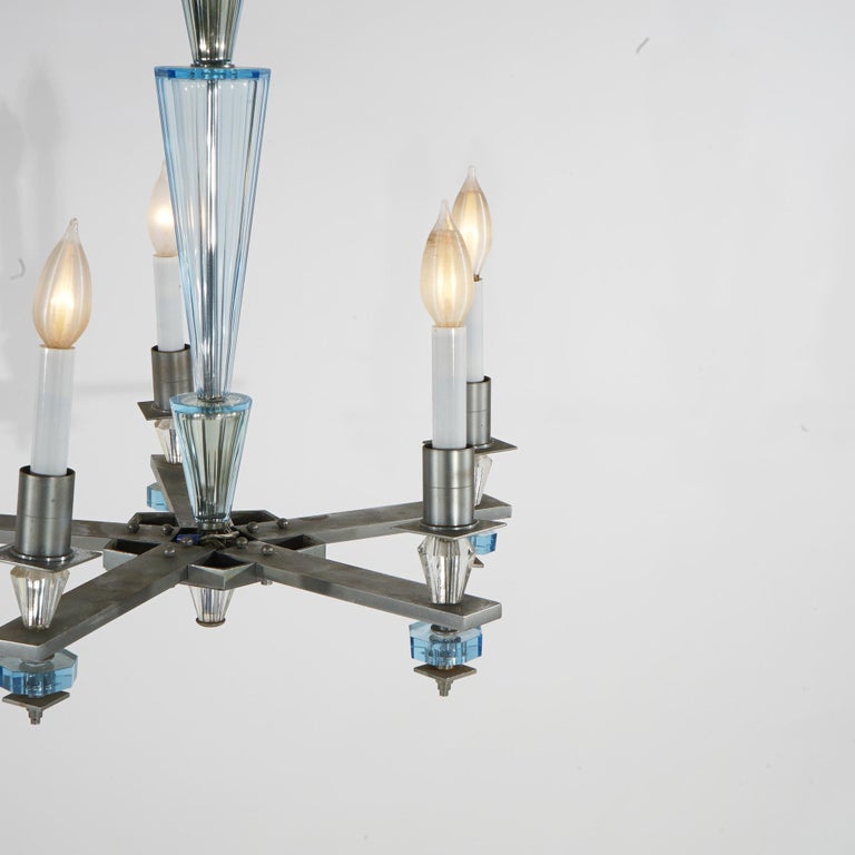 Art Deco Mid Century Modern Chrome & Aqua Blue Glass Five-Light Chandelier C1950
