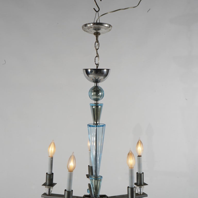 Art Deco Mid Century Modern Chrome & Aqua Blue Glass Five-Light Chandelier C1950