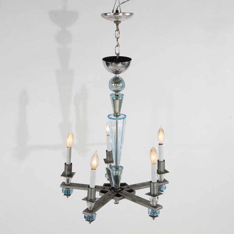 Art Deco Mid Century Modern Chrome & Aqua Blue Glass Five-Light Chandelier C1950