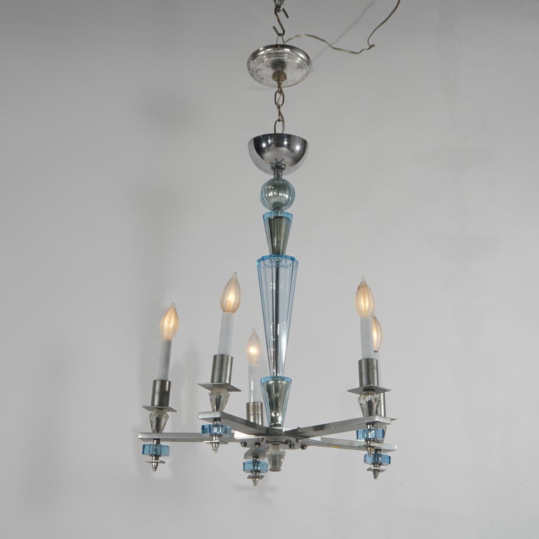 Art Deco Mid Century Modern Chrome & Aqua Blue Glass Five-Light Chandelier C1950