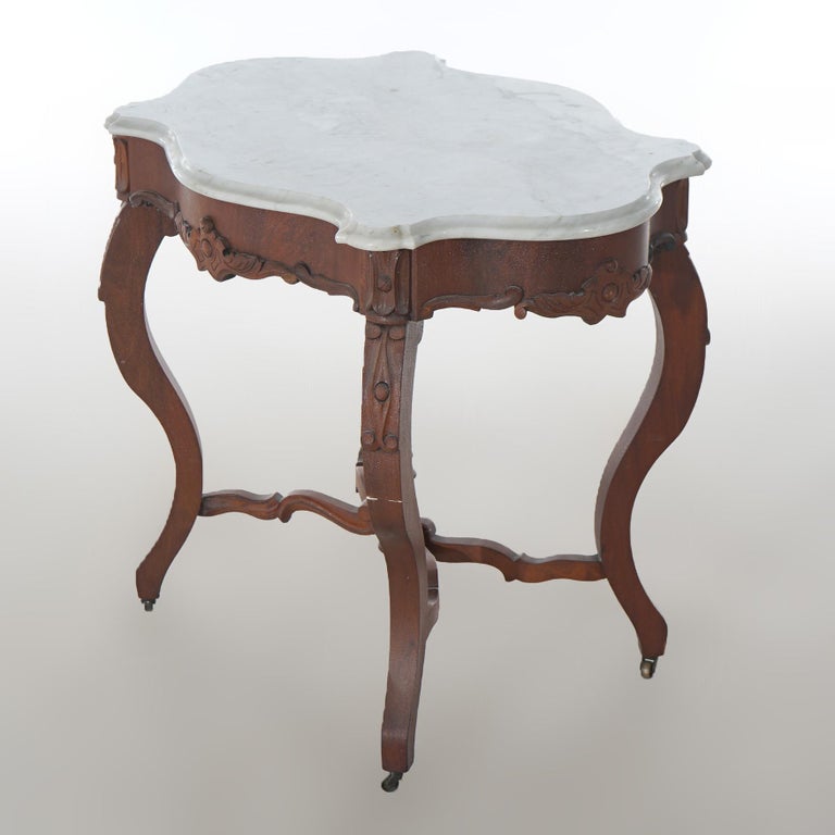Antique Victorian Carved Walnut & Marble Turtle Top Parlor Table C1890