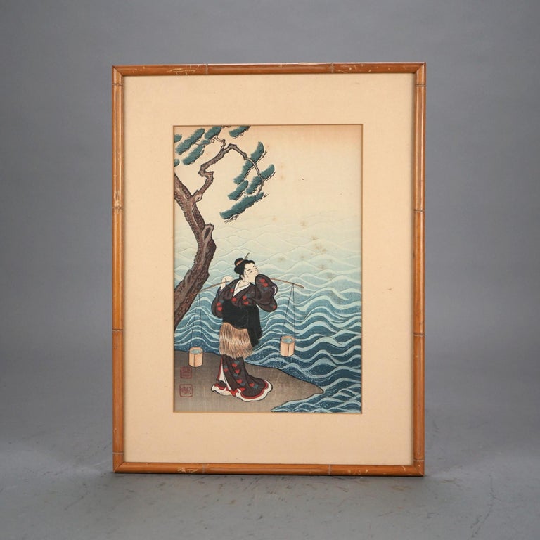 Four Antique Japanese Woodblock Prints, Framed, C1920