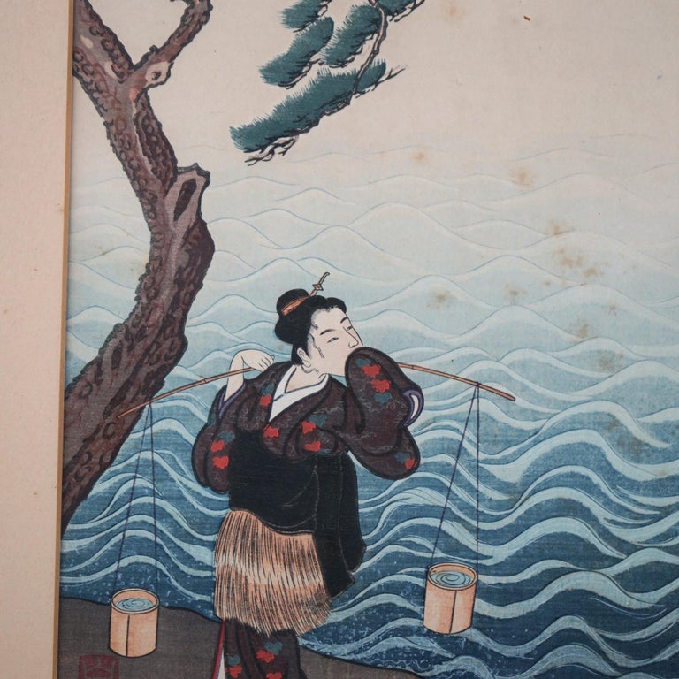 Four Antique Japanese Woodblock Prints, Framed, C1920
