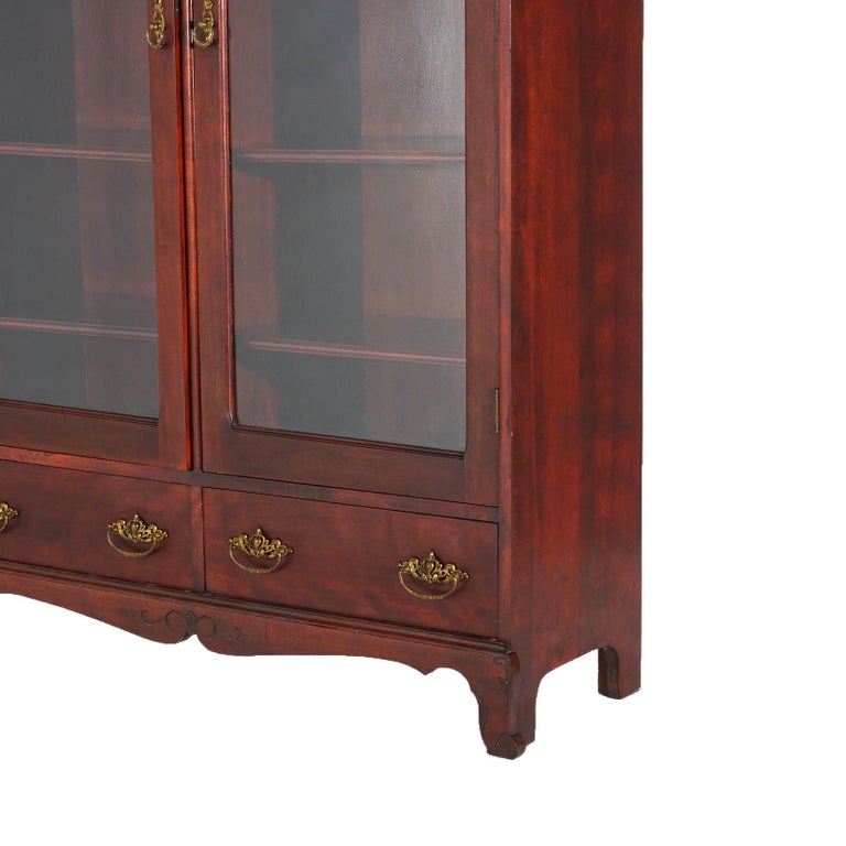 Antique Art Nouveau Horner School Carved Mahogany Double Door Mirrored Bookcase