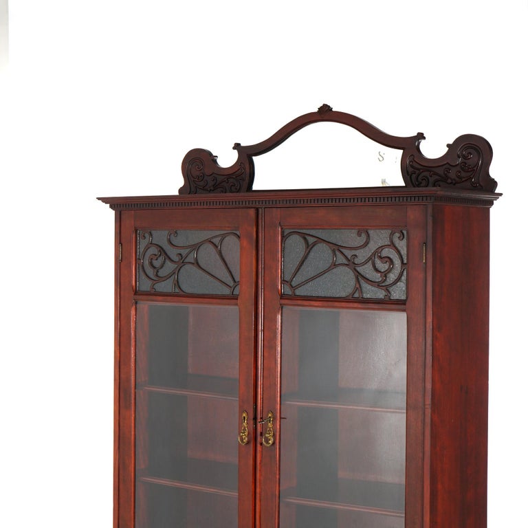 Antique Art Nouveau Horner School Carved Mahogany Double Door Mirrored Bookcase