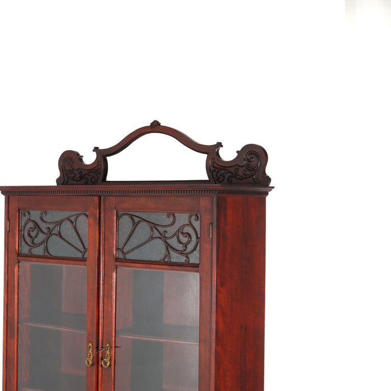 Antique Art Nouveau Horner School Carved Mahogany Double Door Mirrored Bookcase