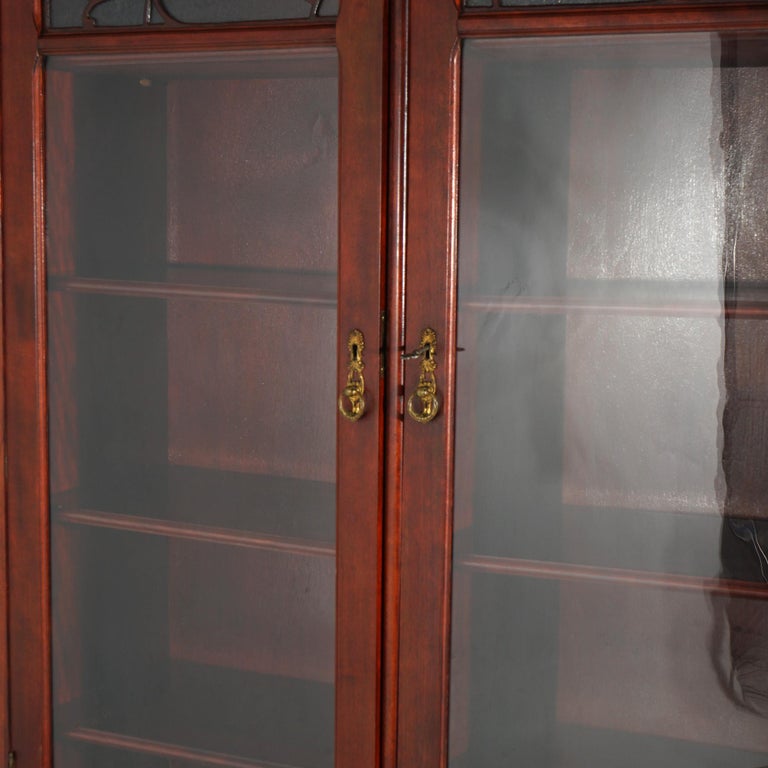 Antique Art Nouveau Horner School Carved Mahogany Double Door Mirrored Bookcase