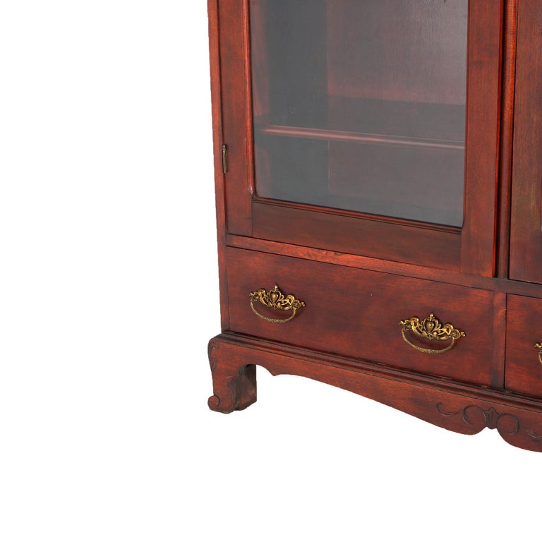 Antique Art Nouveau Horner School Carved Mahogany Double Door Mirrored Bookcase