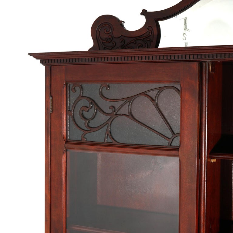 Antique Art Nouveau Horner School Carved Mahogany Double Door Mirrored Bookcase