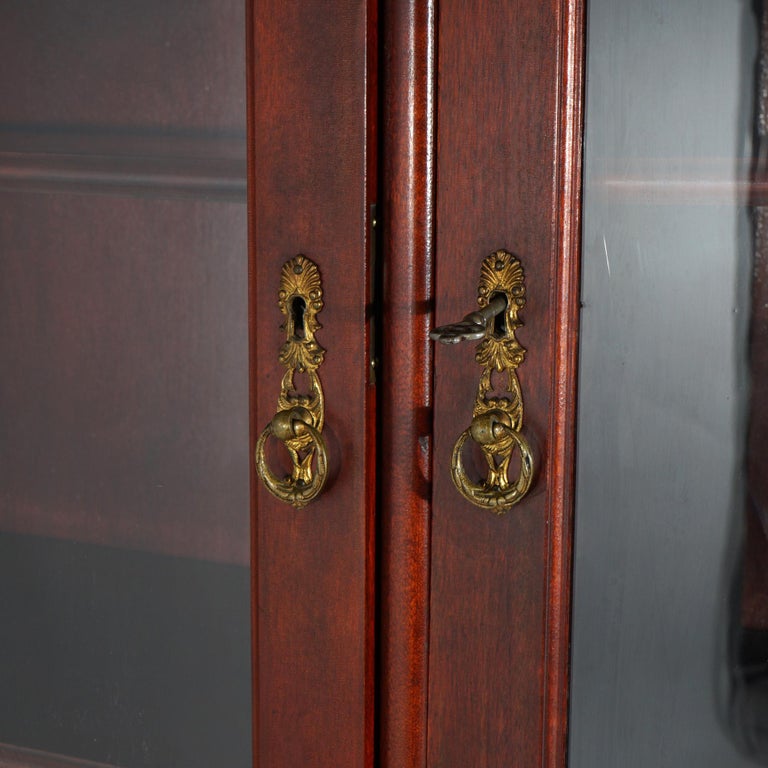 Antique Art Nouveau Horner School Carved Mahogany Double Door Mirrored Bookcase