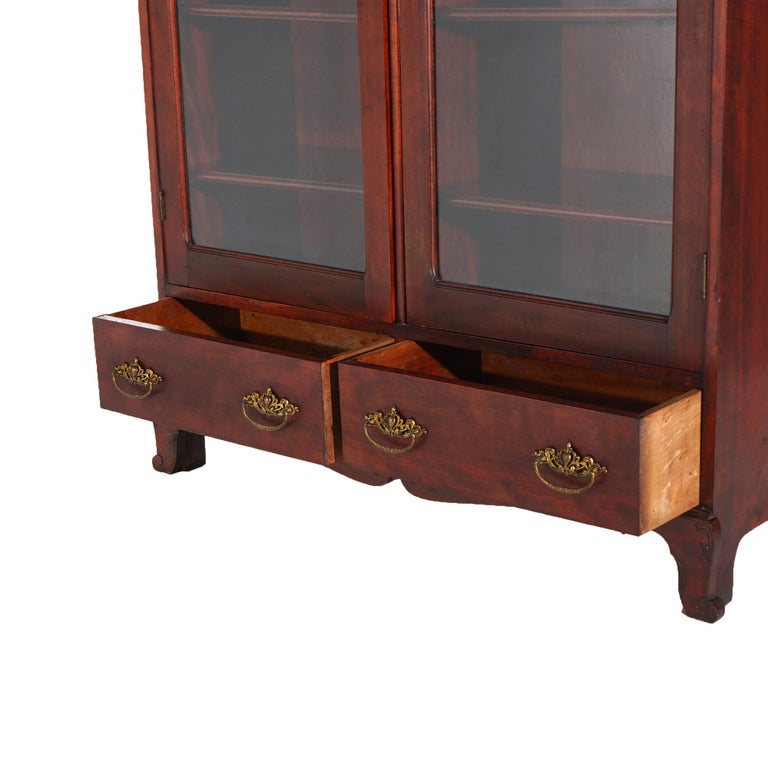 Antique Art Nouveau Horner School Carved Mahogany Double Door Mirrored Bookcase