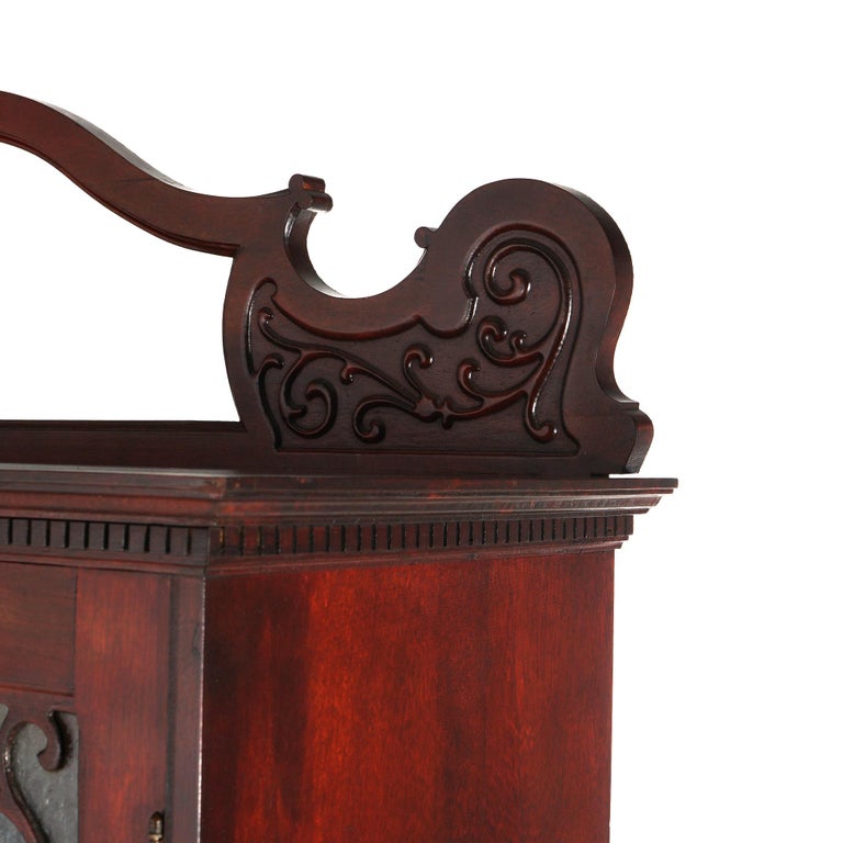 Antique Art Nouveau Horner School Carved Mahogany Double Door Mirrored Bookcase