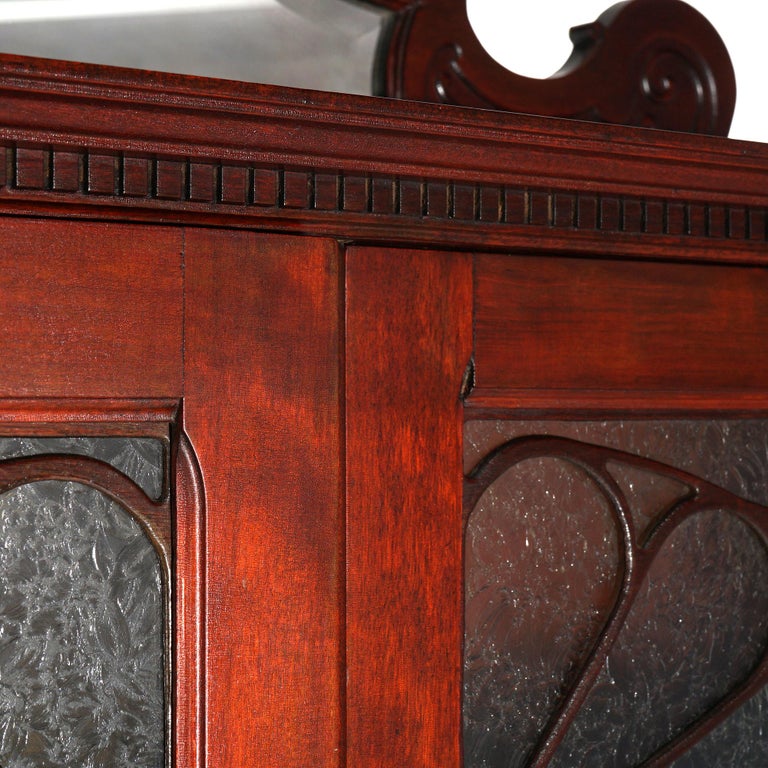 Antique Art Nouveau Horner School Carved Mahogany Double Door Mirrored Bookcase