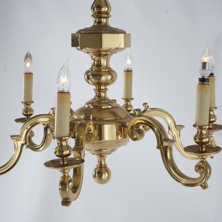 Large Antique Neoclassical Brass Six-Arm Scroll Form Chandelier C1930