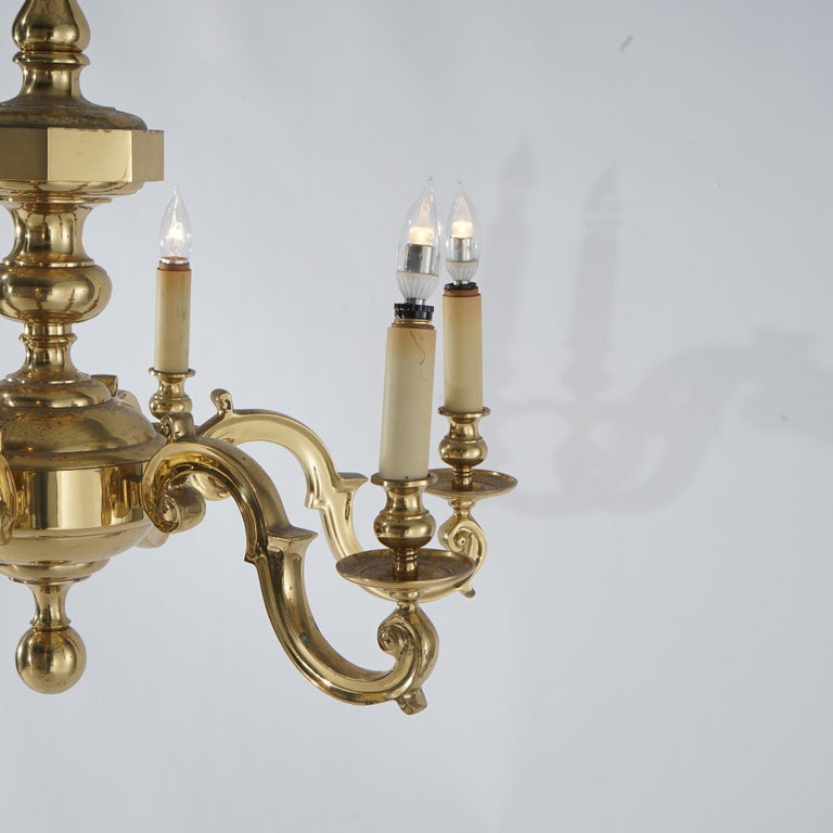 Large Antique Neoclassical Brass Six-Arm Scroll Form Chandelier C1930