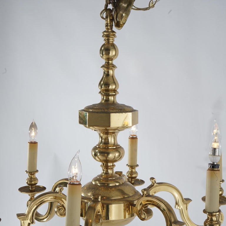 Large Antique Neoclassical Brass Six-Arm Scroll Form Chandelier C1930