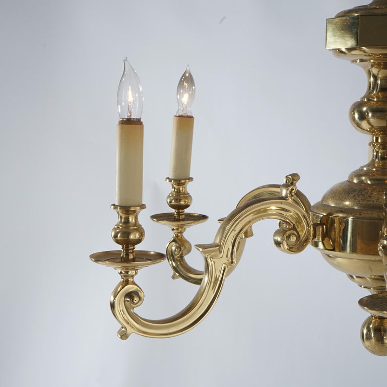 Large Antique Neoclassical Brass Six-Arm Scroll Form Chandelier C1930