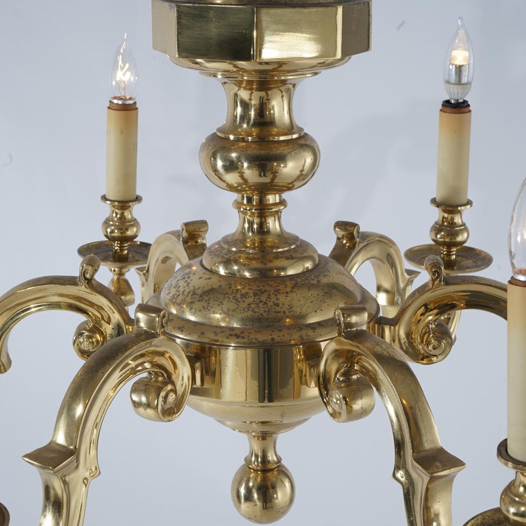 Large Antique Neoclassical Brass Six-Arm Scroll Form Chandelier C1930