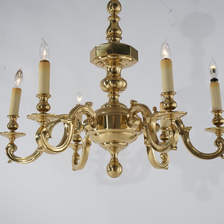 Large Antique Neoclassical Brass Six-Arm Scroll Form Chandelier C1930