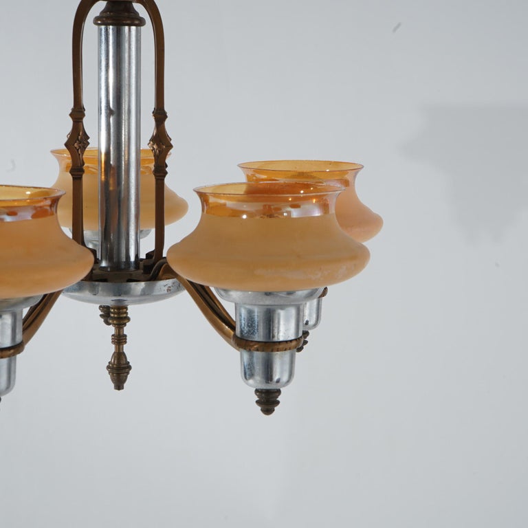 Art Deco Chrome & Bronzed Metal Chandelier with Amber Glass Shades C1920
