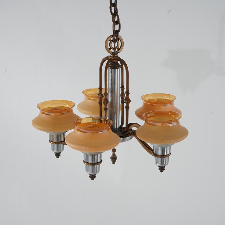 Art Deco Chrome & Bronzed Metal Chandelier with Amber Glass Shades C1920