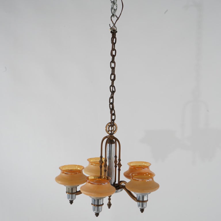 Art Deco Chrome & Bronzed Metal Chandelier with Amber Glass Shades C1920