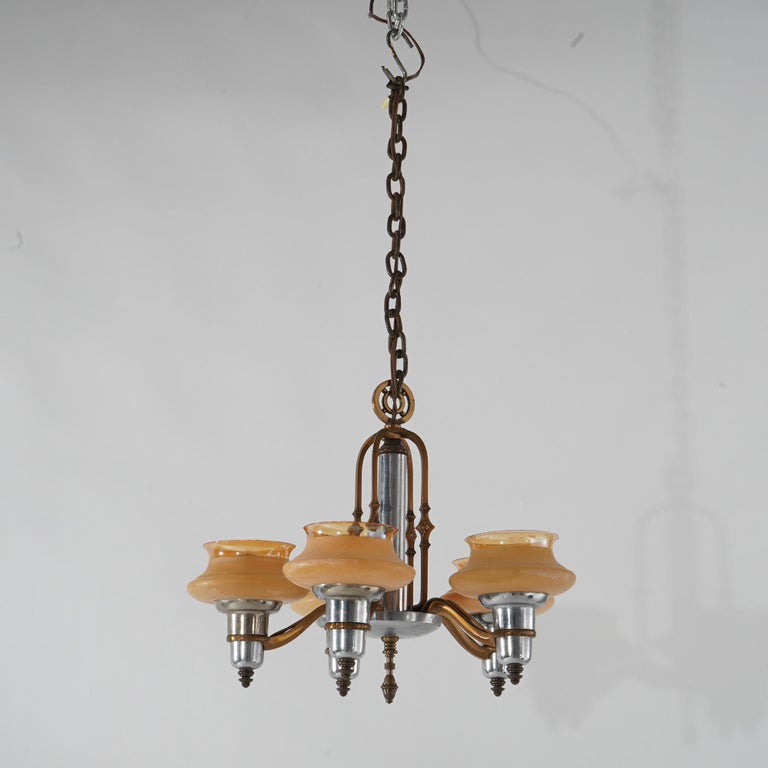 Art Deco Chrome & Bronzed Metal Chandelier with Amber Glass Shades C1920