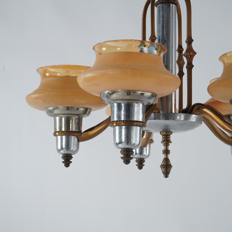 Art Deco Chrome & Bronzed Metal Chandelier with Amber Glass Shades C1920