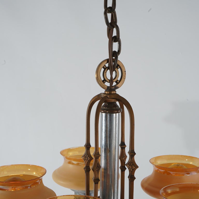 Art Deco Chrome & Bronzed Metal Chandelier with Amber Glass Shades C1920