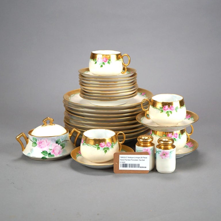 Antique Limoges 28 Piece Hand Painted & Gilt Pink Rose Porcelain Tea Set C1900