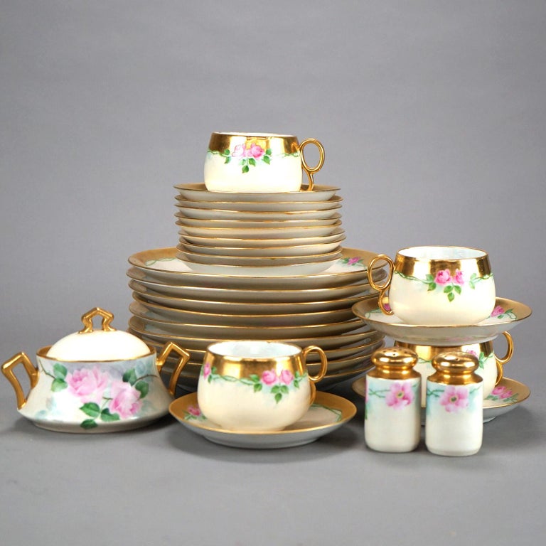 Antique Limoges 28 Piece Hand Painted & Gilt Pink Rose Porcelain Tea Set C1900