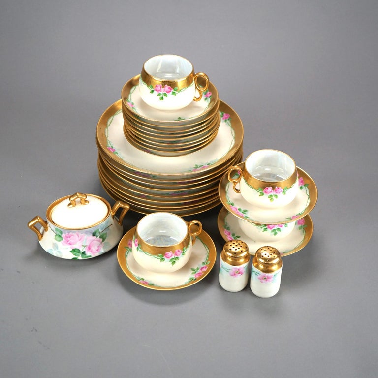 Antique Limoges 28 Piece Hand Painted & Gilt Pink Rose Porcelain Tea Set C1900