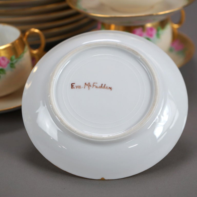 Antique Limoges 28 Piece Hand Painted & Gilt Pink Rose Porcelain Tea Set C1900