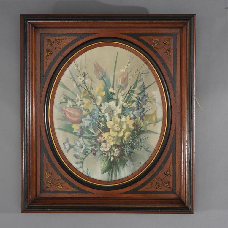 Pair of Deep Walnut Ebonized, Incised & Gilt Frames Housing Floral Prints C1890