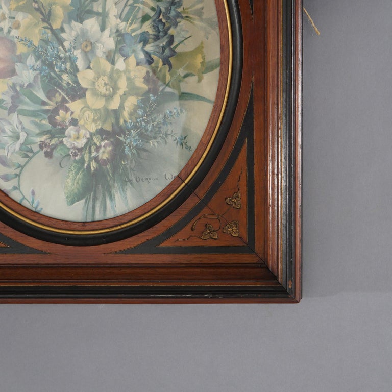 Pair of Deep Walnut Ebonized, Incised & Gilt Frames Housing Floral Prints C1890