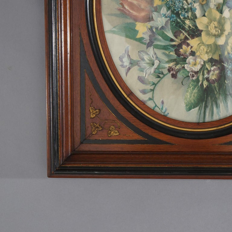 Pair of Deep Walnut Ebonized, Incised & Gilt Frames Housing Floral Prints C1890