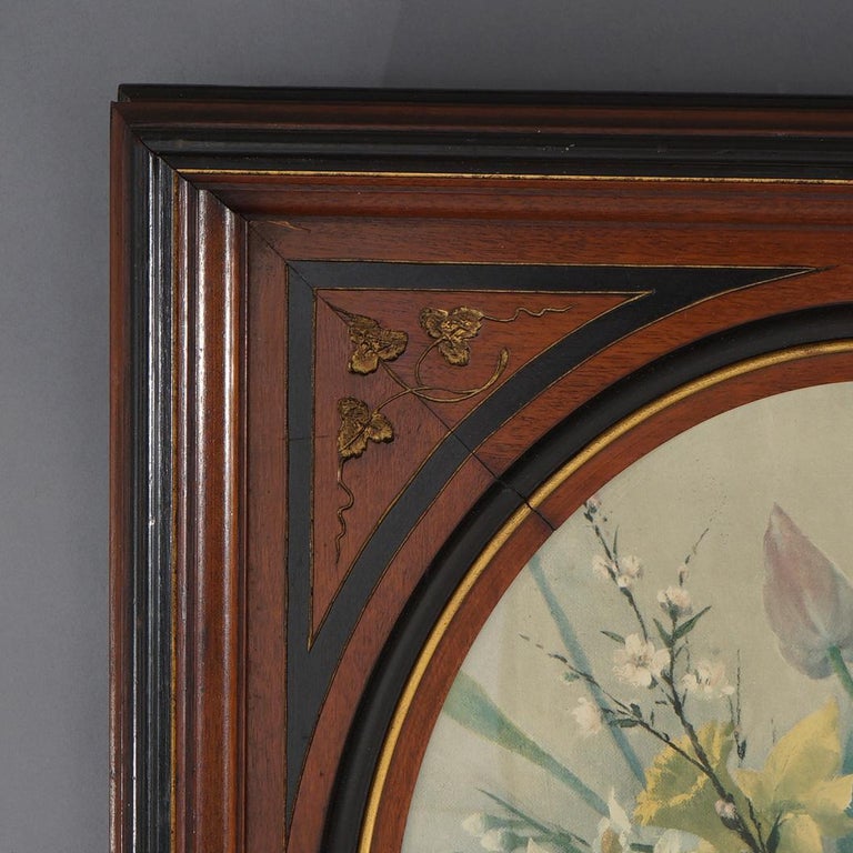 Pair of Deep Walnut Ebonized, Incised & Gilt Frames Housing Floral Prints C1890