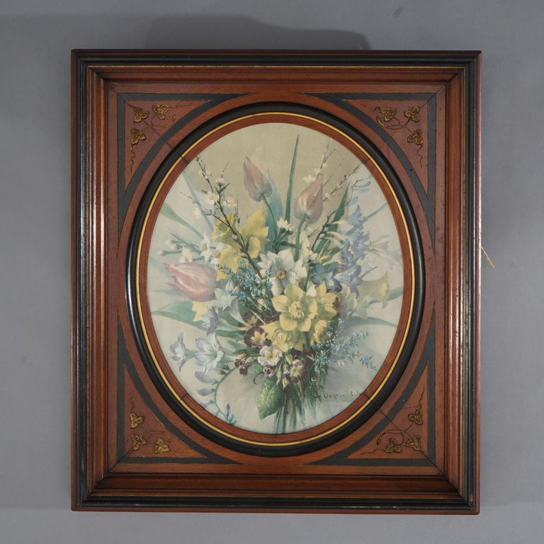 Pair of Deep Walnut Ebonized, Incised & Gilt Frames Housing Floral Prints C1890