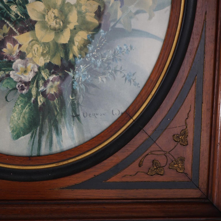 Pair of Deep Walnut Ebonized, Incised & Gilt Frames Housing Floral Prints C1890